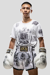 SHORT MUAY THAI SKS SAKYANT TIGER DRAGON BLANC